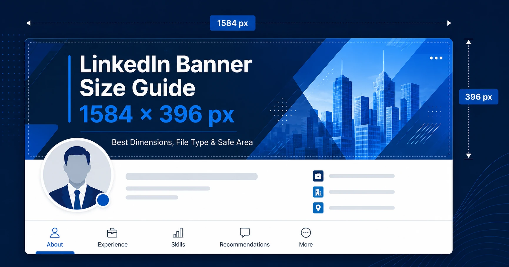 LinkedIn Banner Size Guide showing 1584 x 396 px dimensions