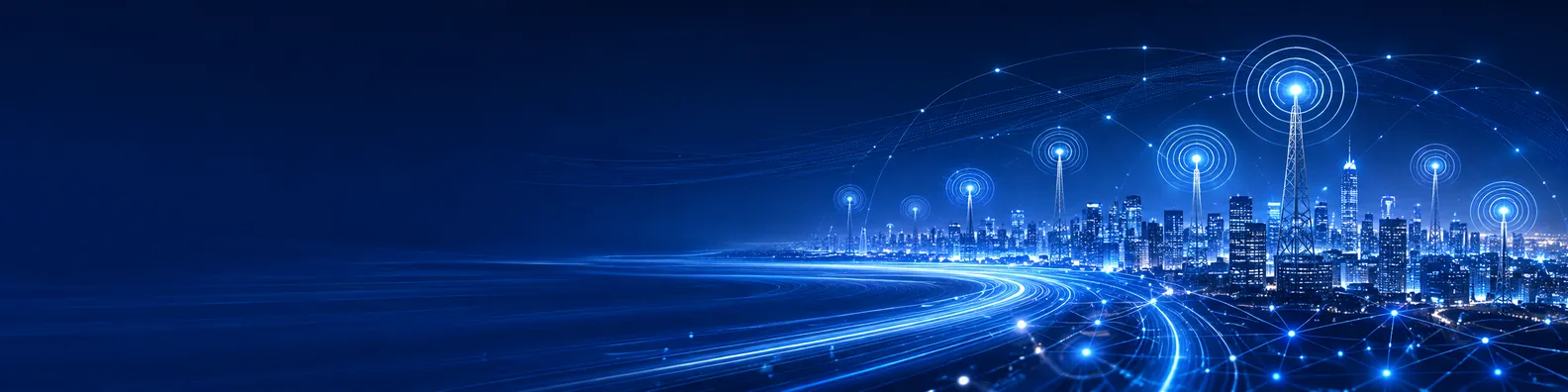 5G network LinkedIn background banner with abstract wireless towers, signal waves, connected city lights, glowing data nodes, and high-speed blue digital lines