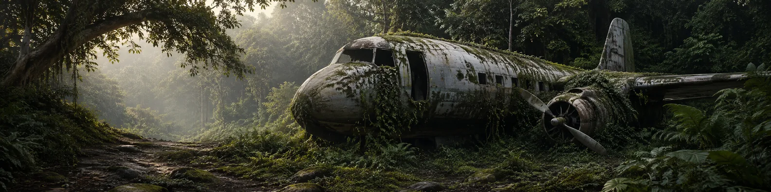 Abandoned airplane in overgrown forest LinkedIn background banner