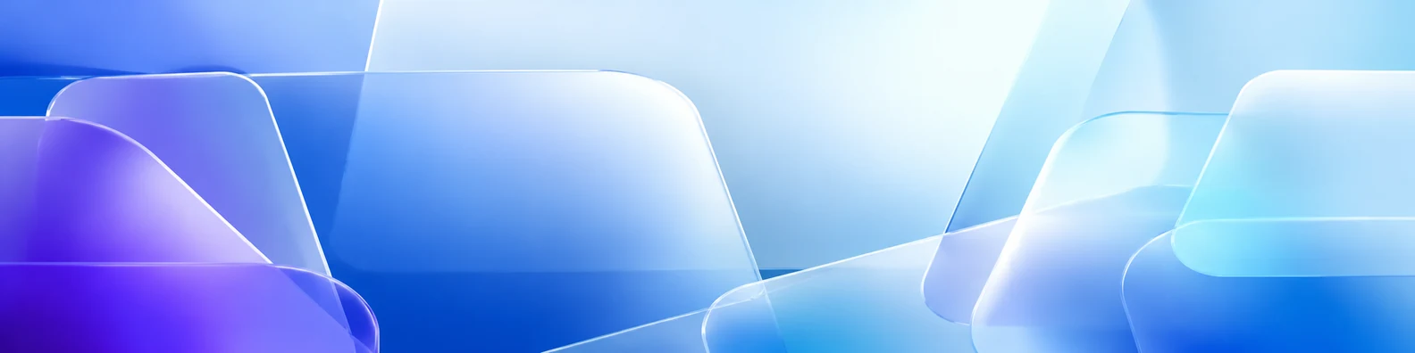 Abstract glassmorphism style LinkedIn background banner with frosted translucent blue purple white and cyan rounded panels