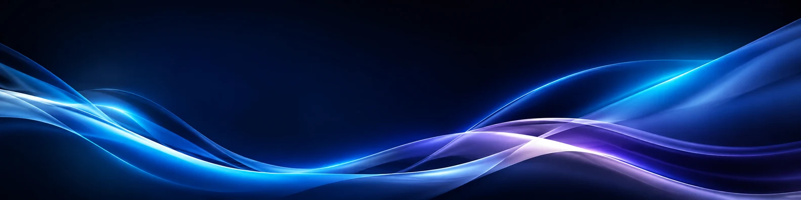 Abstract luminous ribbon flow LinkedIn background banner with blue cyan violet and soft white ribbons on dark background