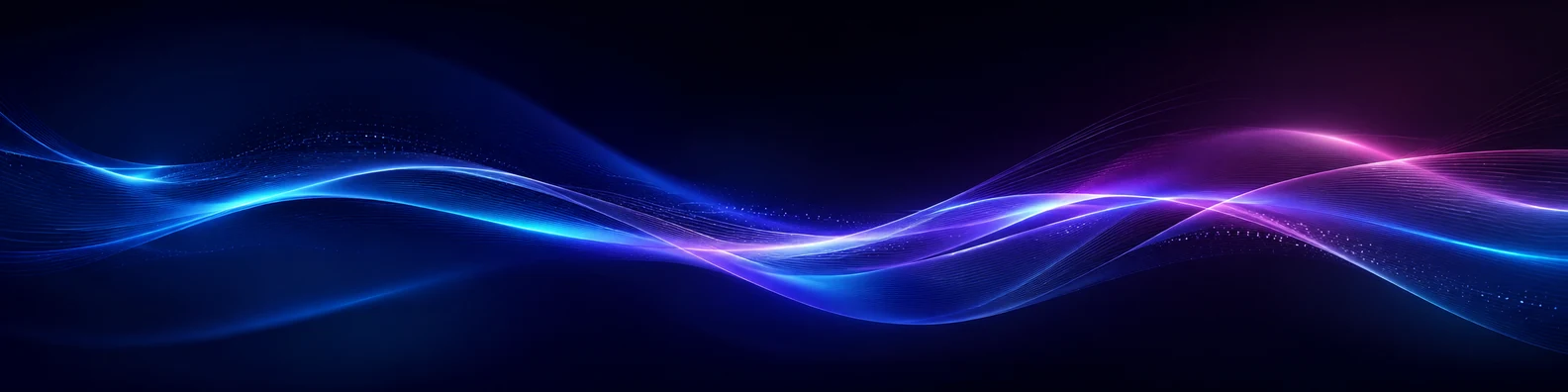 Abstract neon light waves LinkedIn background banner with glowing blue purple cyan and magenta trails on dark navy