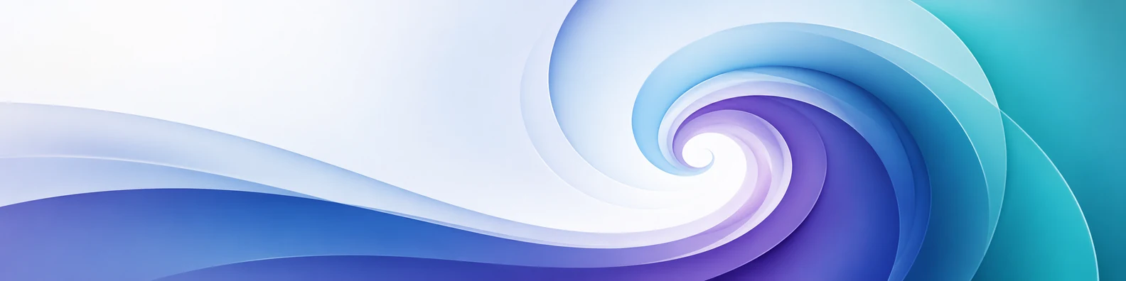 Abstract spiral motion LinkedIn background banner with blue purple teal white spiral curves and soft layered gradients
