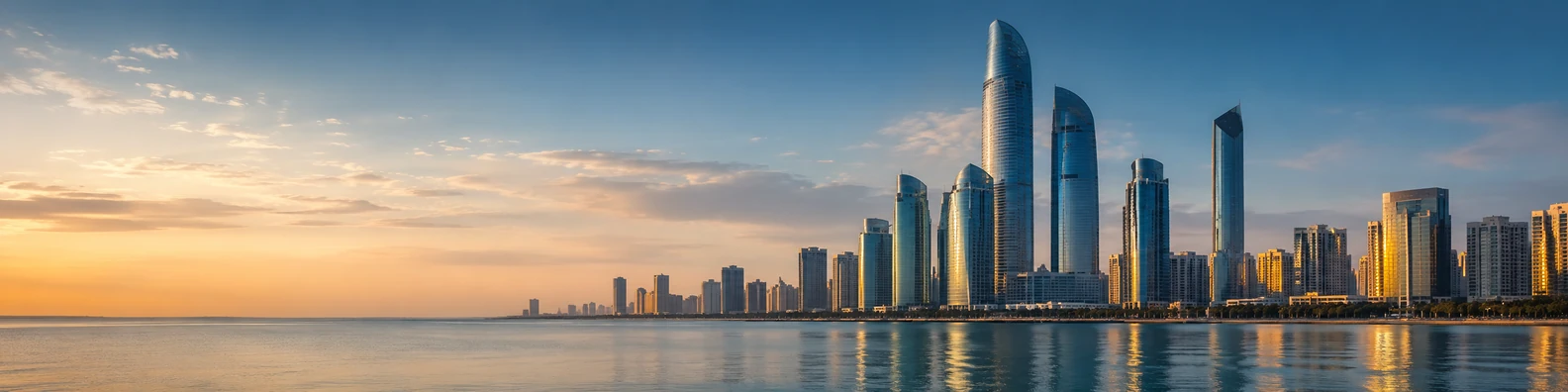 Abu Dhabi modern skyline with high-rise buildings, waterfront reflections, and sunset light LinkedIn banner