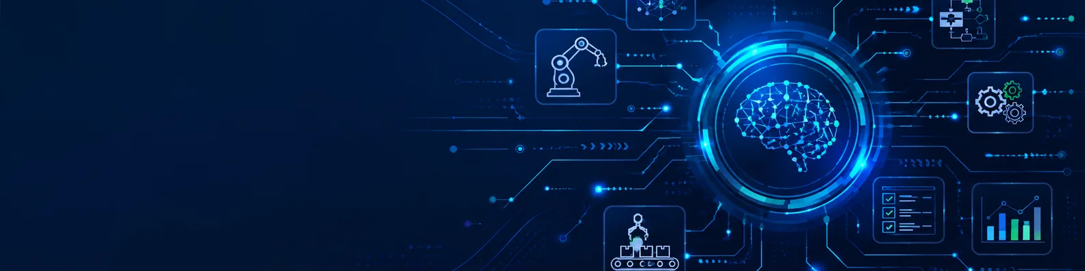 AI automation system LinkedIn background banner with AI nodes, workflow lines, robotic process icons, circuit paths, and data automation visuals
