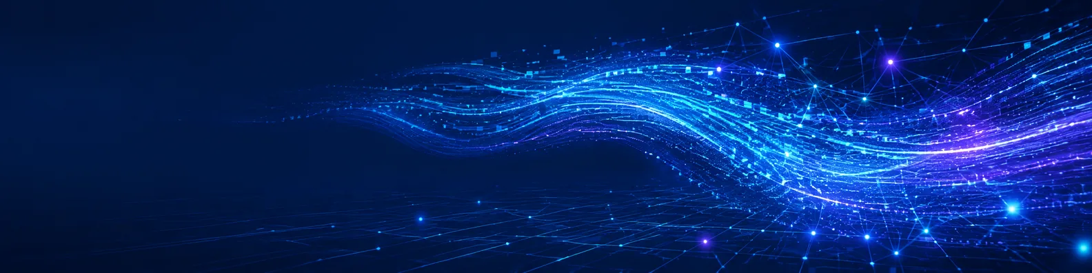 AI data flow LinkedIn background banner with glowing blue data streams and abstract connected technology lines