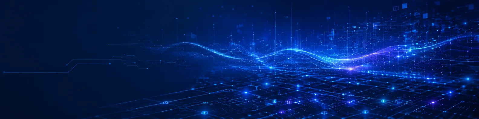 AI innovation LinkedIn background banner with high speed blue data particles and futuristic forward motion lines
