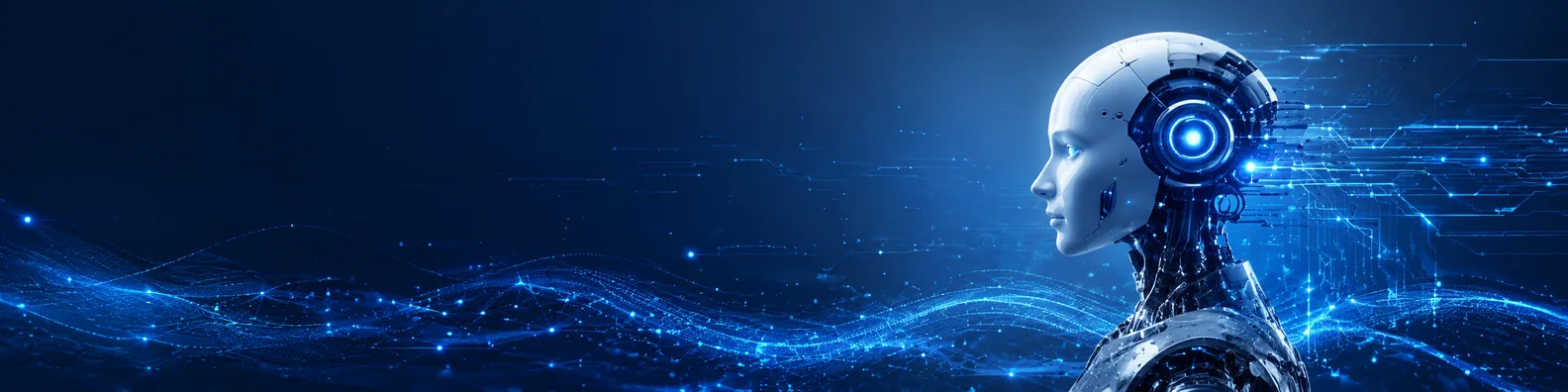 AI robot future technology LinkedIn background banner with sleek robotic head and glowing blue circuit background