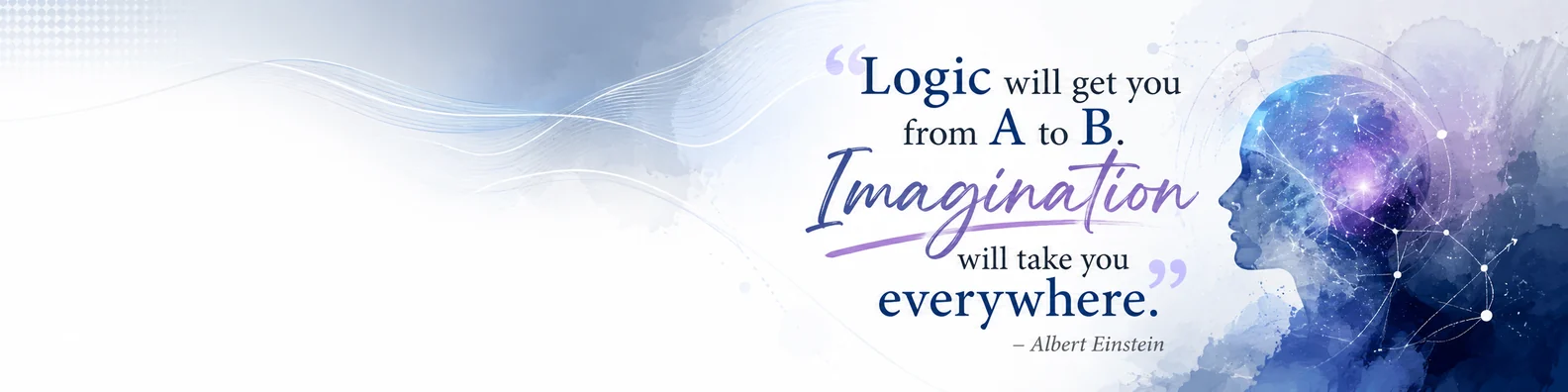 Albert Einstein creativity quote LinkedIn background banner with soft blue purple abstract imagination design