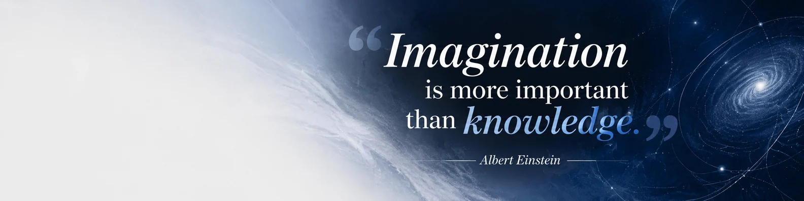 Albert Einstein imagination quote LinkedIn background banner with cosmic blue abstract design and elegant typography