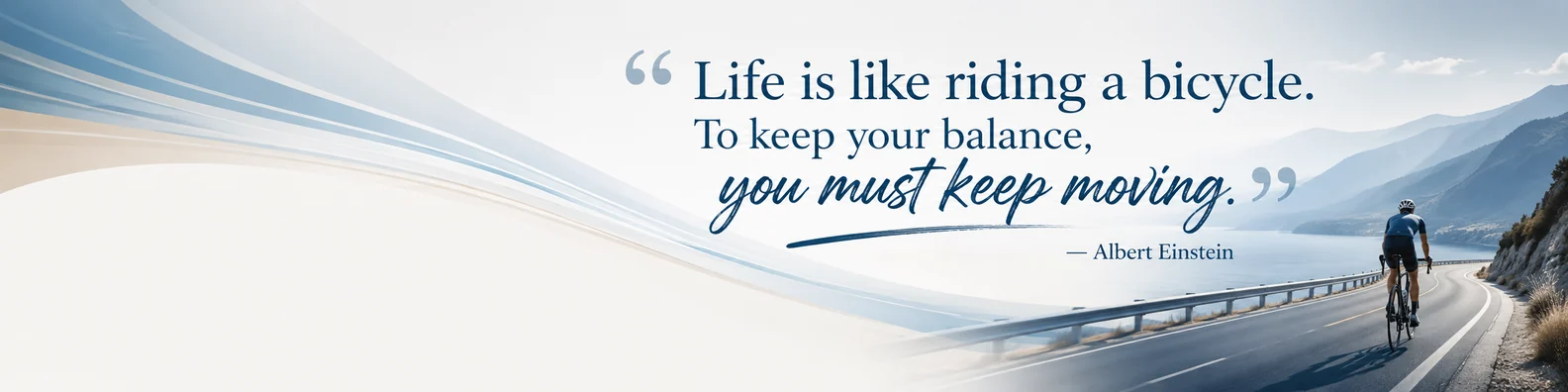 Albert Einstein life quote LinkedIn background banner with calm bicycle journey and blue beige motion design