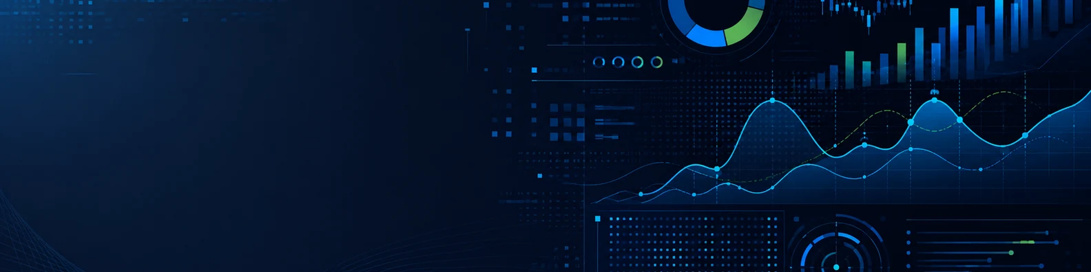 Analytics code LinkedIn background banner with abstract code-like patterns, data charts, graph overlays, and dashboard elements blended into a dark technology design