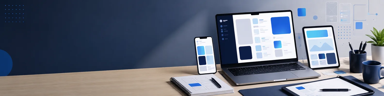App development workspace LinkedIn background banner with laptop, smartphone, tablet, abstract app interface screens, notebook, and pen