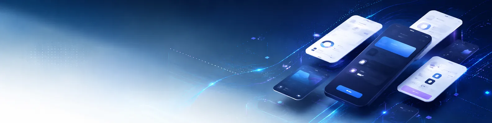 App interface technology LinkedIn background banner with floating mobile app screens, clean interface blocks, abstract navigation panels, glowing data lines, and soft gradients