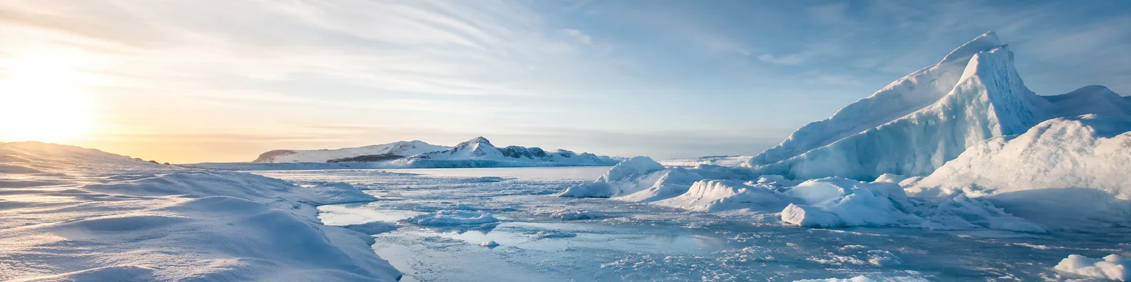 Arctic ice landscape LinkedIn background banner with wide snow fields, blue ice formations, open sky, and soft sunlight