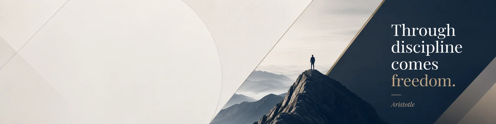 Aristotle discipline quote LinkedIn background banner with mountain peak navy grey white beige minimal design