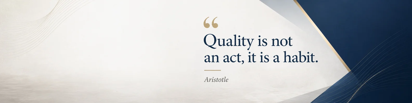 Aristotle habit quote LinkedIn background banner with minimal navy white grey beige abstract structure
