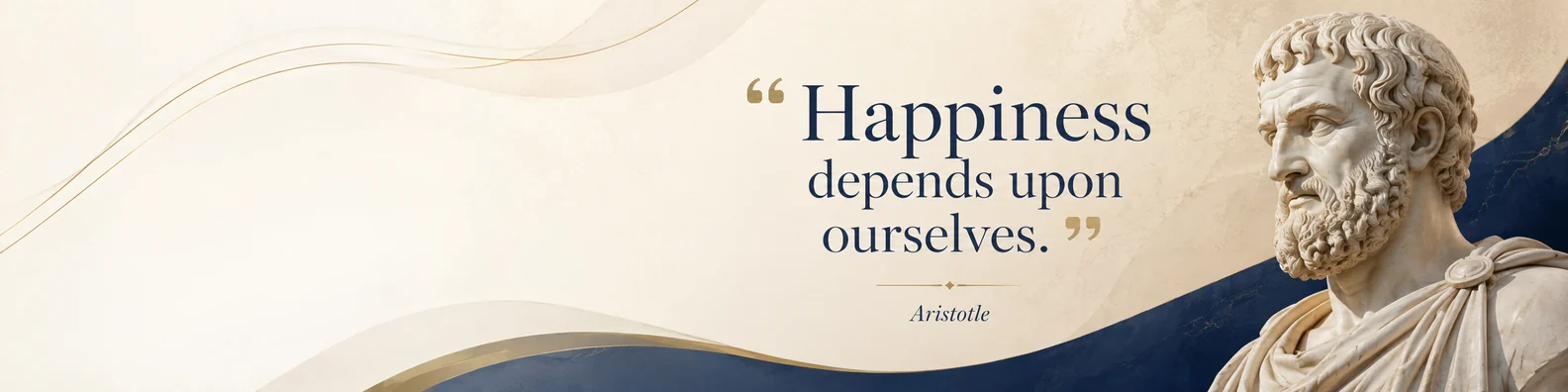 Aristotle purpose quote LinkedIn background banner with serene beige cream navy white and muted gold classical design