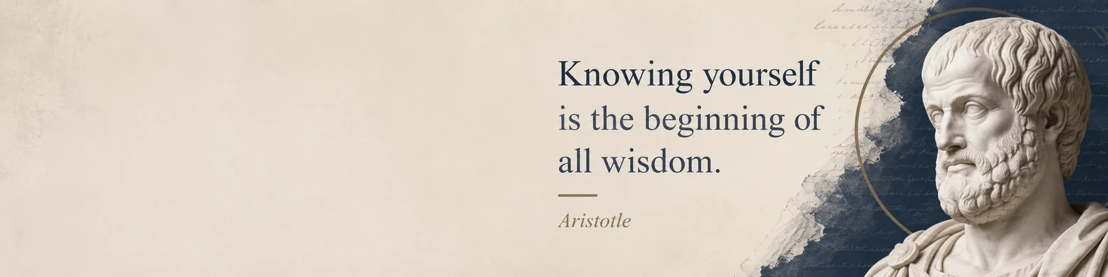 Aristotle wisdom quote LinkedIn background banner with cream beige navy soft grey classical thoughtful design