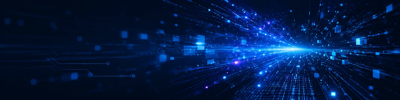 Artificial intelligence glow LinkedIn background banner with luminous digital waves and soft blue purple technology light