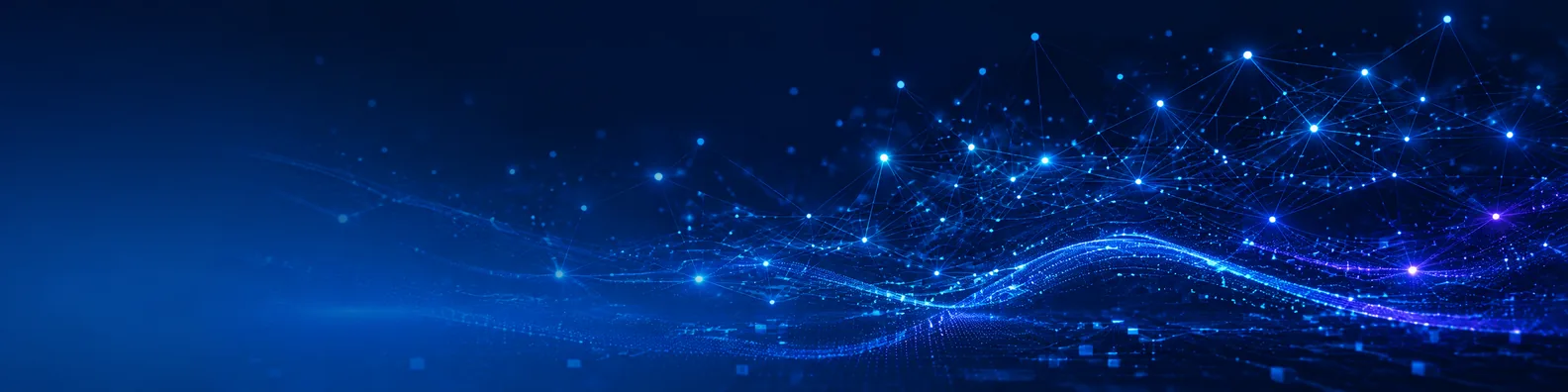 Artificial intelligence network LinkedIn background banner with glowing digital nodes and futuristic blue data connections