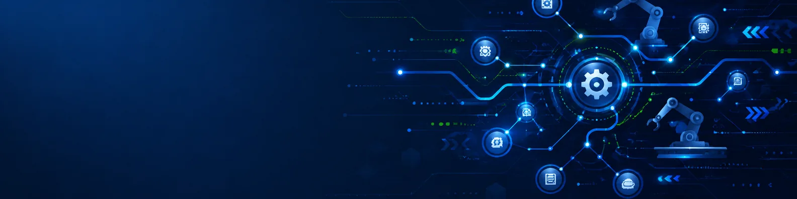 Automation technology network LinkedIn background banner with connected digital nodes, automated workflow lines, circuit paths, and robotic process visuals