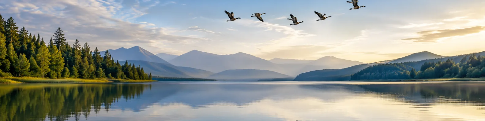 Birds flying over lake LinkedIn background banner with calm water, mountain reflections, forested shoreline, and open sky