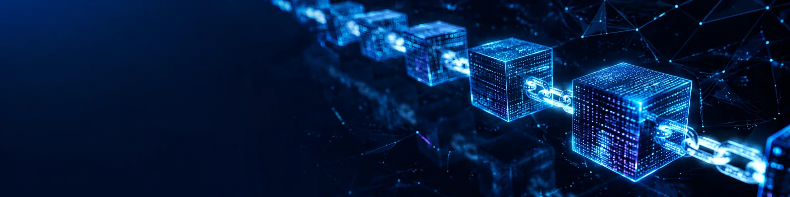 Blockchain data chain LinkedIn background banner with connected digital blocks, glowing chain structures, secure links, and decentralized network visuals
