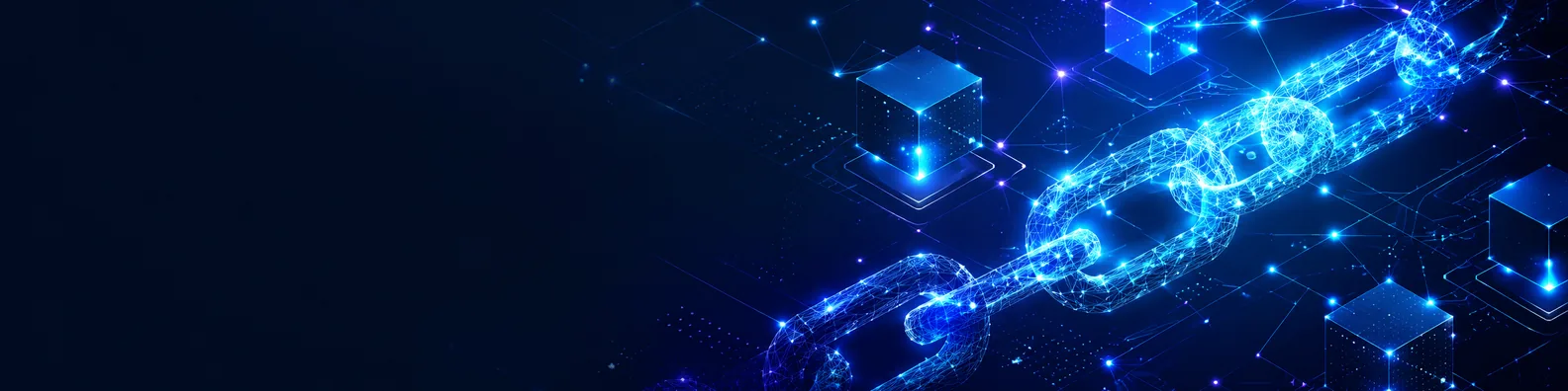 Blockchain glow lines LinkedIn background banner with glowing chain structures, connected blocks, digital nodes, and geometric network patterns