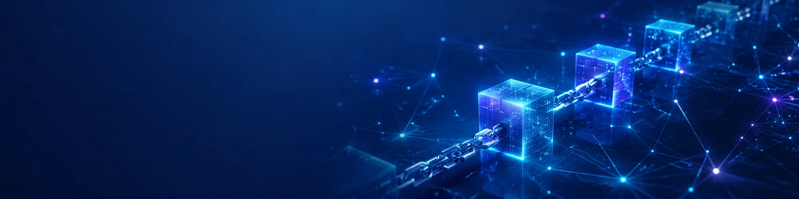 Blockchain technology LinkedIn background banner with linked digital blocks, chain structures, glowing data nodes, and decentralized network lines
