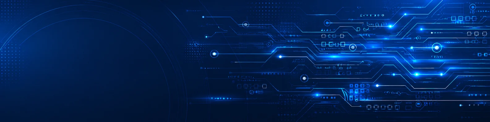 Blue circuit network LinkedIn background banner with glowing blue circuit lines, connected nodes, electronic traces, and digital grid details