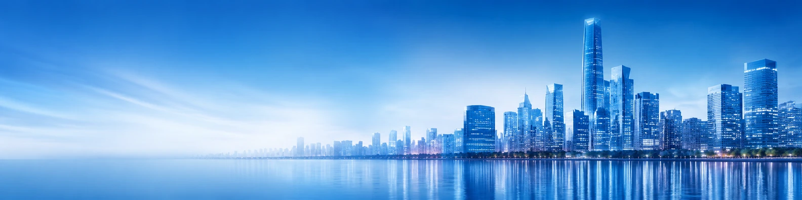 Blue city skyline banner with modern buildings, soft blue lighting, and water reflections LinkedIn banner