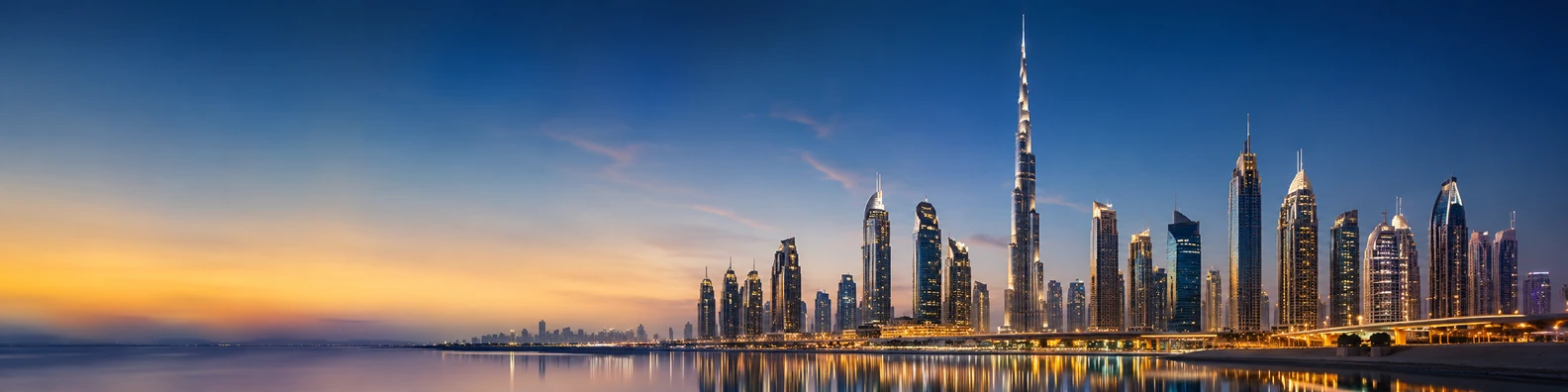 Burj Khalifa skyline view with sleek towers, reflections, and evening light LinkedIn banner