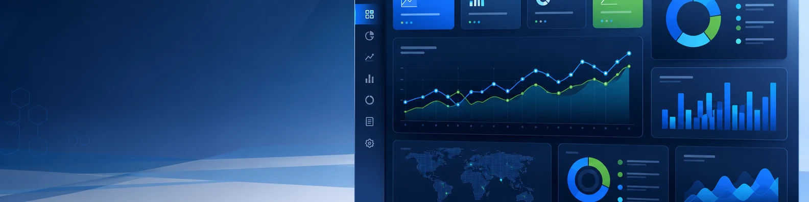 Business intelligence dashboard LinkedIn background banner with data panels, performance charts, KPI-style blocks, graph lines, and abstract analytics visuals