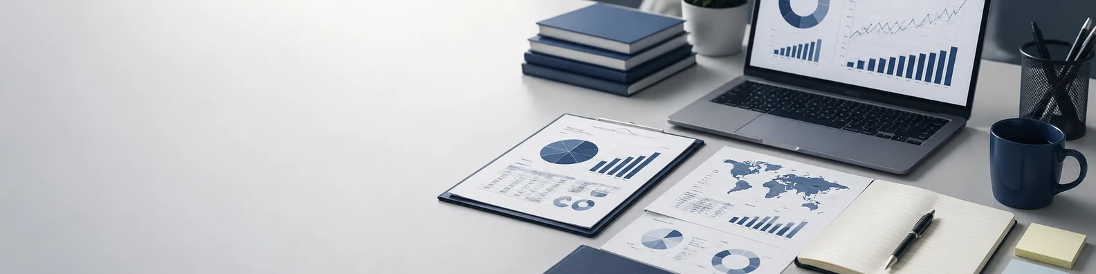 Business Strategy Desk professional business LinkedIn background banner with clean corporate styling