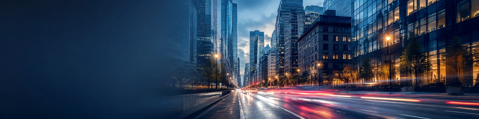 Busy city street view with modern buildings, road perspective, and soft motion blur LinkedIn banner