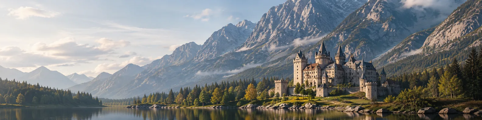 Castle at mountain base with lake LinkedIn background banner