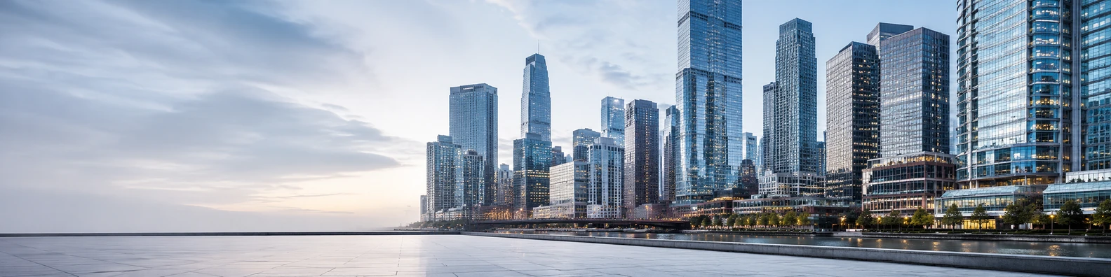 Modern Chicago downtown cityscape with glass buildings and waterfront LinkedIn background banner