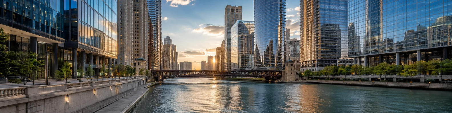 Chicago river architecture with bridges, tall buildings, and warm reflections LinkedIn background banner