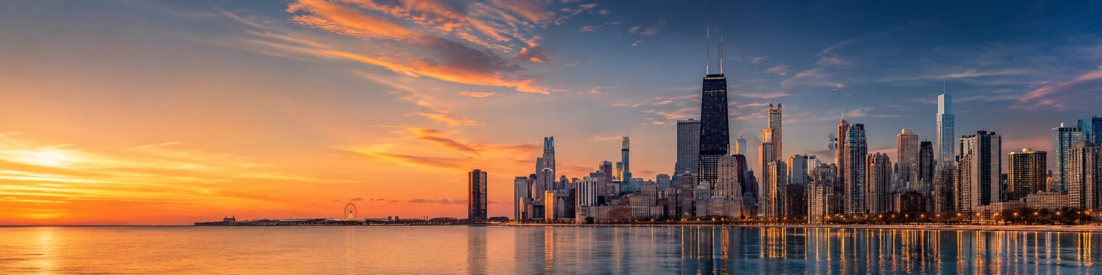 Chicago skyline at sunset with warm light and lakefront atmosphere LinkedIn background banner