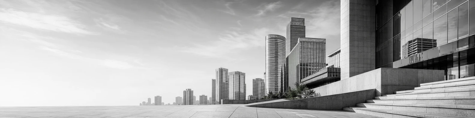 Black and white city architecture with modern buildings and strong geometric lines LinkedIn banner