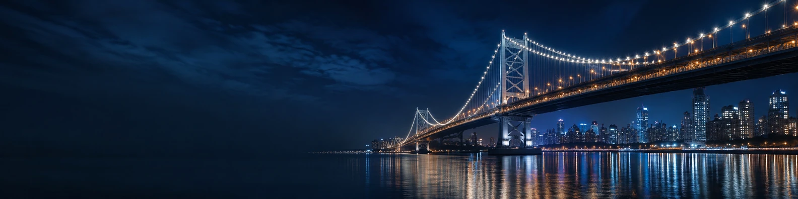 City bridge night view with illuminated bridge lights, skyline, and water reflections LinkedIn banner