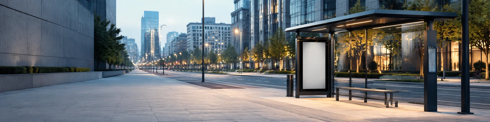 City bus stop background with modern shelter, clean sidewalk, and soft street lighting LinkedIn banner