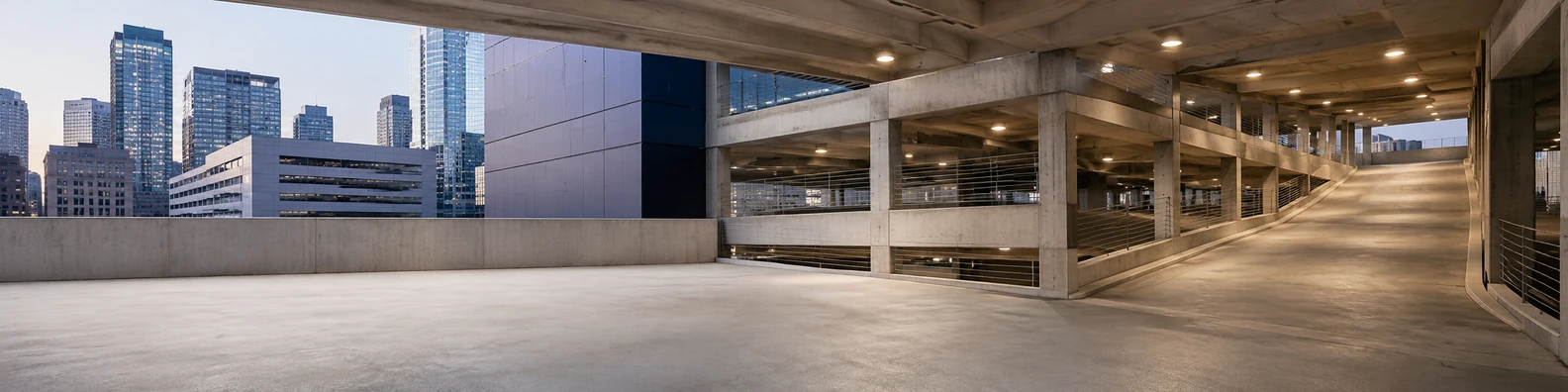 City parking garage background with concrete levels, repeating lines, and soft overhead lights LinkedIn banner
