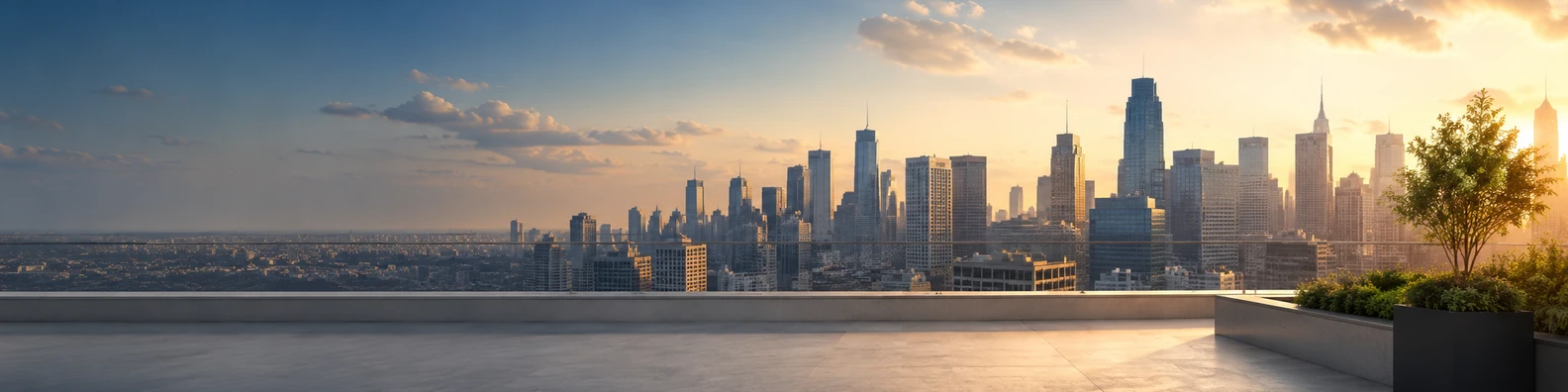 City rooftop view with distant skyline and soft golden light urban LinkedIn background banner
