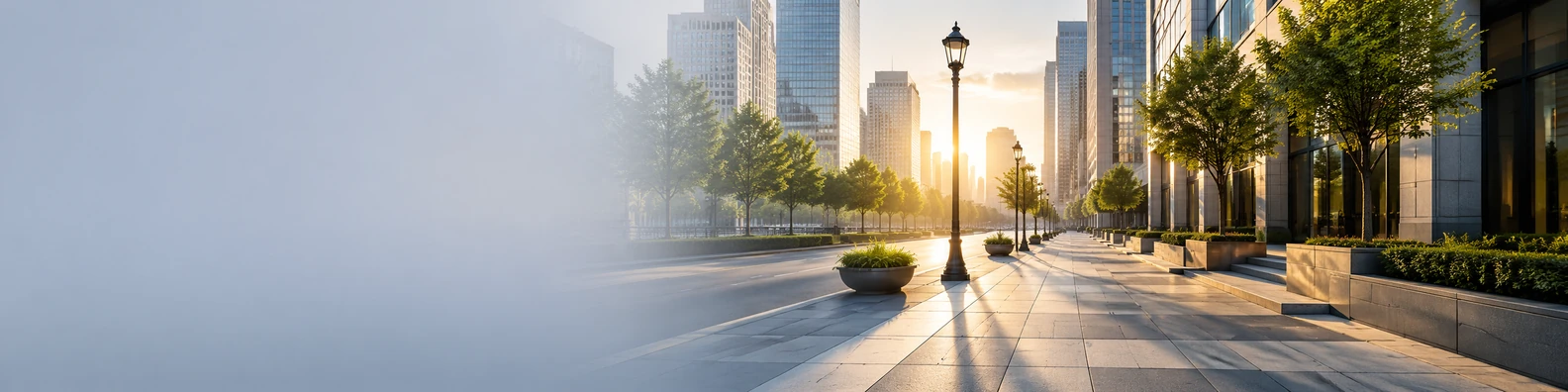 City sidewalk morning view with clean pavement, buildings, trees, and warm sunrise light LinkedIn banner