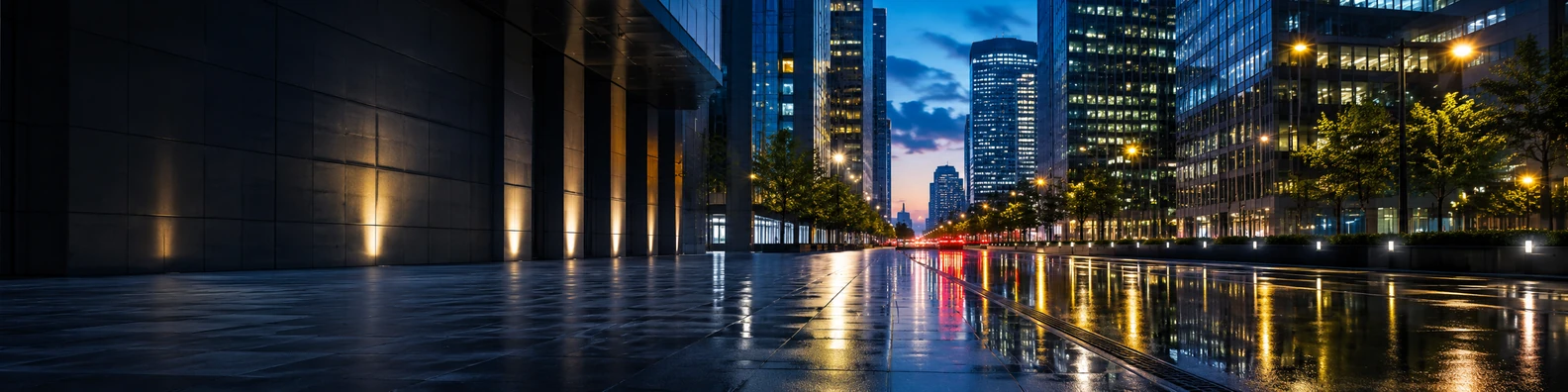City street reflection background with wet pavement, modern buildings, and evening lights LinkedIn banner