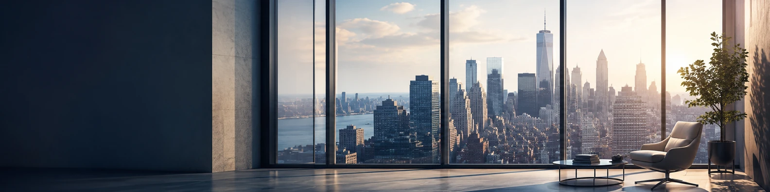 City skyline seen through large modern windows LinkedIn background banner