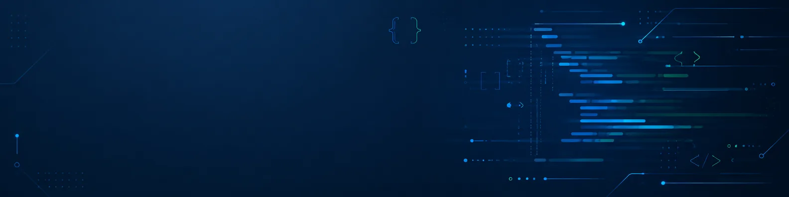 Clean coding LinkedIn background banner with minimal abstract code patterns, brackets, and soft glowing blue green lines