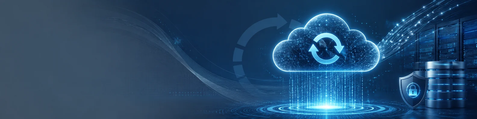 Cloud backup LinkedIn background banner with glowing cloud shape, circular backup arrows, secure data streams, and digital storage elements